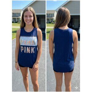 PINK Victoria's Secret Tank Top Small Blue Sequin Graphic Sleeveless Shirt